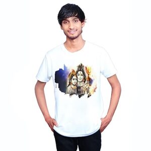 Millionminds White Men Mahadev Printed Half Sleeve T-Shirt Shiv Parvati Ganesh