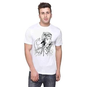 Men Dri Fit Polyester Half Sleeve Round Neck Krishna Printed T Shirts White