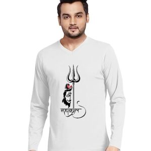 Men’s Regular Fit Mahakal Cotton Graphic Printed V Neck Full Sleeves Multicolour T Shirt. Mahadev, Shiva, Shiv, Hindu God Pootlu Tshirts