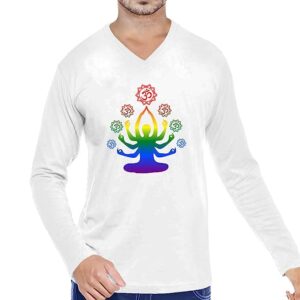 Men’s Regular Fit Colourful Om Yoga Cotton Graphic Printed V Neck Full Sleeves 100% Cotton Black and White Yoga Tshirt. Meditation, Yogasan, Pootlu Tees and Tshirts