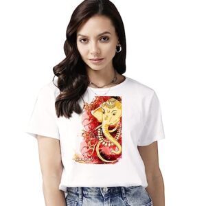 Ganesh Ji Printed Women’s Cotton T-Shirt, Round Neck, Half Sleeve Ganesh Chaturti