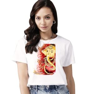 Ganesh Ji Printed Women’s Cotton T-Shirt, Round Neck, Half Sleeve Ganesh Chaturti T-Shirt