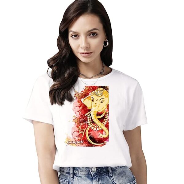 Ganesh Ji Printed Women's Cotton T-Shirt, Round Neck, Half Sleeve Ganesh Chaturti T-Shirt