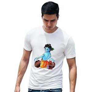 Holy Krishna- Little Krishna with Pot Theme Print T-Shirt Free Size White