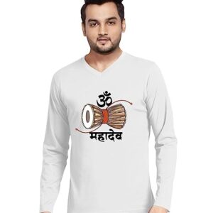 Men’s Regular Fit Mahadev Text with Damaru Cotton Graphic Printed V Neck Full Sleeves T Shirt. Shiva, Shiv, Lord Mahadev, Mahakal Pootlu Tshirts