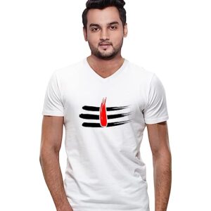 Men’s Regular Fit Shiva Tilak Cotton Graphic Printed V Neck Half Sleeves T-Shirt. Trendy, Pootlu, Offer, Discount, Sale