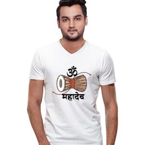 Men’s Regular Fit Mahadev Text with Damaru Cotton Graphic Printed V Neck Half Sleeves T Shirt. Shiva, Shiv, Lord Mahadev, Mahakal Pootlu Tshirts