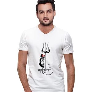 Men’s Regular Fit Mahakal Cotton Graphic Printed V Neck Half Sleeves Multicolour T Shirt. Mahadev, Shiva, Shiv, Hindu God Pootlu Tshirts