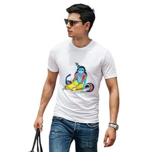 Holy Krishna Krishna with Peacock Print T-Shirt Free Size White