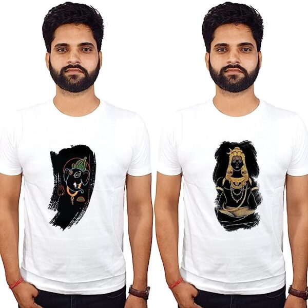 Men's Mahadev and Ganesha Black Color Print Tshirt | White 100% Cotton Tshirt Casual devotional Shiv ji Half Sleeve Tshirts