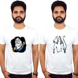 Hanuman Ji and Bholenath Beautiful Printed Tshirt |White 100% Cotton | Devotional Tshirt |Tshirt Casual Half Sleeve Tshirts for Men