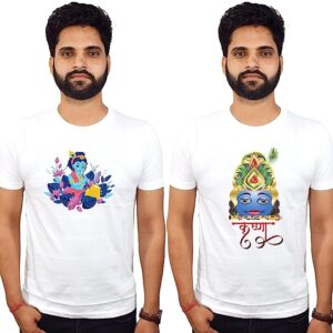 Jai Shre Krishna Tshirt | White 100% Cotton |Devotional Tshirt |Little Krishna ji Casual Round Neck Half Sleeve Tshirts for Men